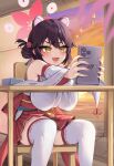  1girl :d absurdres animal_ears bare_shoulders blue_archive breasts brown_hair chair desk fluffyebi01 hair_ornament hamster_ears hanging_breasts highres holding holding_tablet_pc ipad japanese_clothes kaede_(blue_archive) large_breasts miko open_mouth sitting smile solo tablet_pc thighhighs wide_sleeves yellow_eyes 