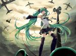  ahoge aircraft airplane cloud detached_sleeves green_hair hair_over_one_eye hatsune_miku koi_wa_sensou_(vocaloid) long_hair megaphone necktie ojiji_(natuo0625) outstretched_arm skirt sky solo thighhighs twintails very_long_hair vocaloid 
