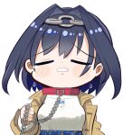  2girls :d black_hair blurry blurry_foreground blush_stickers brown_coat chain chain_headband chain_leash chibi clenched_teeth closed_eyes coat crying denim depth_of_field hair_intakes head_out_of_frame high-waist_pants hololive hololive_english jeans leash multiple_girls nabe_(nabe_otome) ouro_kronii ouro_kronii_(3rd_costume) pants shirt short_hair sleeveless sleeveless_turtleneck smile teeth trench_coat turtleneck white_shirt 
