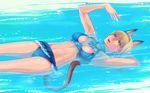  afloat animal_ears arm_behind_head arm_up bikini blonde_hair blue_eyes breasts choker final_fantasy final_fantasy_xi hairband highres large_breasts mithra navel open_mouth solo swimsuit tail takatsuki_kahiro water 