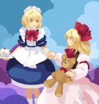  2girls apron black_vest blonde_hair closed_mouth dress flat_chest frilled_dress frills gengetsu_(touhou) hair_ribbon highres holding holding_hands holding_stuffed_toy juliet_sleeves kaigen_1025 long_hair long_sleeves maid maid_apron maid_headdress mugetsu_(touhou) multiple_girls neck_ribbon no_lineart open_mouth puffy_short_sleeves puffy_sleeves red_ribbon ribbon short_hair short_sleeves siblings sisters sketch smile socks stuffed_animal stuffed_toy teddy_bear touhou touhou_(pc-98) vest white_apron white_dress white_socks yellow_eyes 