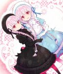  2boys :d alice_(fate) beret black_bow black_dress black_headwear black_ribbon blue_bow blue_dress blue_ribbon bow braid doll_joints dress fate/extra fate_(series) hair_bow hat hat_ribbon joints looking_at_viewer multiple_boys nursery_rhyme_(fate) pink_eyes pink_hair ribbon shinogi_(shinogi_wgrm) smile twin_braids white_bow white_headwear 