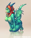  anthro breasts cool_colors cute dragon female horn kneeling matura nipples nude pin_up pinup pose pranktail ribbons scales scalie solo spikes stripes tongue wings yellow_eyes 