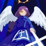  1girl blue_background blue_dress commentary_request cross dress faceless faceless_female flat_chest highres holding holding_cross kaigen_1025 long_hair long_sleeves matenshi_(touhou) purple_hair sketch solo touhou touhou_(pc-98) white_wings wings 