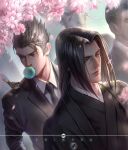  2boys artist_request bird black_hair bubble_blowing cherry_blossoms chewing_gum genji_(overwatch) hanzo_(overwatch) highres japanese_clothes long_hair looking_at_animal looking_to_the_side male_focus multiple_boys necktie overwatch short_hair sparrow suit young_genji young_hanzo 
