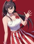  1girl :d bare_arms bare_shoulders black_hair breasts cleavage commentary_request cowboy_shot hair_ribbon highres idolmaster idolmaster_shiny_colors large_breasts long_hair looking_at_viewer open_mouth randompeeps red_background red_ribbon ribbon shirase_sakuya shirt simple_background skirt sleeveless sleeveless_shirt smile solo striped striped_skirt vertical-striped_skirt vertical_stripes very_long_hair white_shirt yellow_eyes 