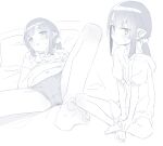  1girl akari_(raigou) barefoot blue_theme drawstring feet fur-trimmed_shorts fur_trim hood hood_down hoodie looking_at_viewer low_twintails lying monochrome navel on_back on_bed original panties pillow pointy_ears raigou short_sleeves shorts sitting sketch soles solo toe_scrunch toes twintails underwear 