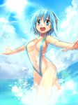  :d blue_hair blush breasts cleavage cloud day edobox hair_ornament hairclip mahou_shoujo_madoka_magica medium_breasts miki_sayaka navel open_mouth short_hair sky slingshot_swimsuit smile solo sun swimsuit water 