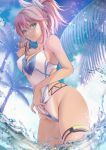  1girl blue_eyes breasts cleavage_cutout clothing_cutout hair_between_eyes hanasakuraya highres large_breasts looking_at_viewer one-piece_swimsuit palm_tree pink_hair ponytail shionne_(tales) solo standing standing_on_liquid swimsuit tales_of_(series) tales_of_arise tree water 