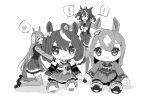  ! 2girls ^_^ ahoge animal_ears blush bow bowtie character_doll closed_eyes doqute_stuffed_doll full_body greyscale heart highres horse_ears horse_girl horse_tail hugging_object kitasan_black_(umamusume) kneeling long_hair long_sleeves monochrome multicolored_hair multiple_girls open_mouth sailor_collar satono_diamond_(umamusume) school_uniform shirt shoes short_hair skirt smile spoken_exclamation_mark spoken_heart standing standing_on_one_leg streaked_hair tail thighhighs tracen_school_uniform tsukasa_(avdx5538) two_side_up umamusume 