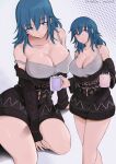  1girl alternate_costume bare_shoulders black_sweater blue_eyes blue_hair breasts byleth_(female)_(fire_emblem) byleth_(fire_emblem) christmas cleavage cup english_commentary feet_out_of_frame fire_emblem fire_emblem:_three_houses grey_background grey_tank_top highres holding holding_cup large_breasts long_hair long_sleeves looking_at_viewer mug off-shoulder_sweater off_shoulder solo standing strap_slip sweater tank_top thighs vialnite 