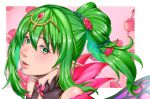  1girl aduti_momoyama bare_shoulders fire_emblem fire_emblem_awakening fire_emblem_heroes flower green_eyes green_hair hair_between_eyes headpiece highres long_hair nose parted_lips petals pink_flower pink_gemstone pink_lips plant pointy_ears ponytail solo thorns tiki_(adult)_(fire_emblem) tiki_(adult)_(resplendent)_(fire_emblem) tiki_(fire_emblem) upper_body vines 