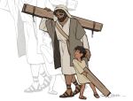  2boys beard black_hair carrying coat commentary dark-skinned_male dark_skin dragging english_commentary facial_hair father_and_son grey_coat highres jesus joseph_(the_bible) log looking_at_another looking_down looking_up male_focus multiple_boys sandals shirt short_hair signature simple_background sketch smile the_bible white_background white_shirt wolfythewitch zoom_layer 