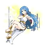  1girl aqua_eyes blue_hair breasts character_request commentary_request copyright_request curly_hair dress gold_bracelet gold_footwear hand_fan highres holding holding_fan invisible_chair kaigen_1025 long_hair open_mouth parted_bangs sitting sketch small_breasts smile thighs white_dress 