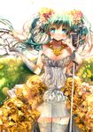  blue_eyes dress flower garter_straps gloves green_hair hair_flower hair_ornament hatsune_miku heco_(mama) long_hair microphone microphone_stand solo thighhighs twintails vocaloid zettai_ryouiki 