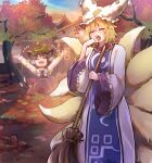  2girls animal_ears autumn_leaves blonde_hair blue_tabard broom brown_hair cat_ears cat_tail chen dress fox_ears fox_tail hat holding holding_broom long_sleeves mob_cap multiple_girls multiple_tails nekotsuki red_skirt red_vest shirt skirt tabard tail touhou two_tails vest white_dress white_shirt wide_sleeves yakumo_ran yawning 