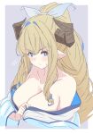  1girl artist_name bare_shoulders blonde_hair blue_eyes blue_hair blue_ribbon blush breasts brown_horns cleavage closed_mouth collarbone commentary_request dated draph granblue_fantasy grey_background hair_ribbon highres horns kichihachi large_breasts long_hair looking_at_viewer multicolored_hair pointy_ears razia ribbon sidelocks solo two-tone_background two-tone_hair upper_body white_background 