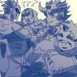  5boys ^_^ akiha_gongen_(housamo) alternate_facial_hair anger_vein arguing bag bandaid bandaid_on_face bandaid_on_nose bara blue_theme broken_horn closed_eyes cross_scar crossed_arms demon_boy demon_horns extra_arms facial_hair fiery_horns fighting from_below furrowed_brow goatee goatee_stubble happy horns houzouin_oniwaka huge_eyebrows large_pectorals long_sideburns mask mature_male mid_(mid_skb) multiple_boys muscular muscular_male pectorals plastic_bag pointing pointing_at_self protagonist_1_(housamo) scar scar_on_cheek scar_on_face scar_on_forehead shiva_(housamo) sideburns single_horn smile takemaru_(housamo) thick_eyebrows tokyo_afterschool_summoners v-shaped_eyes 