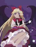  1girl bat_wings black_vest blonde_hair center_frills closed_mouth commentary_request elis_(touhou) flat_chest flower frills hair_flower hair_ornament hair_ribbon holding holding_wand kaigen_1025 long_hair long_sleeves neck_ribbon open_clothes open_vest petticoat pointy_ears purple_eyes red_flower red_footwear red_ribbon red_skirt ribbon shirt sketch skirt smile socks solo star_(symbol) star_wand touhou touhou_(pc-98) vest wand white_shirt white_socks wings 