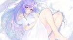  1girl absurdres bare_shoulders barefoot braid character_request copyright_request crossed_bangs dress from_side highres holding holding_orb long_hair looking_at_viewer pu_ht purple_eyes purple_hair side_braid single_braid solo white_background white_dress 