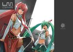  alternate_costume bad_id bad_pixiv_id bare_shoulders detached_sleeves green_eyes green_hair hatsune_miku kurojishi long_hair megurine_luka microphone midriff multiple_girls navel necktie open_mouth red_hair skirt smile stairs thighhighs twintails very_long_hair vocaloid 