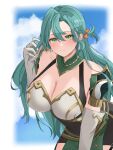  1girl absurdres aqua_hair armor bare_shoulders blue_sky bow braid breastplate breasts chloe_(fire_emblem) cleavage cloud commentary_request commission covered_navel cowboy_shot dress earrings elbow_gloves fire_emblem fire_emblem_engage gloves highres jewelry large_breasts leaning_forward long_hair looking_at_viewer orange_bow partial_commentary peli_cantaro shoulder_armor side_braid skeb_commission sky smile solo teardrop_earrings white_gloves 