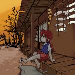 13th_coffin 1girl abandoned autumn autumn_leaves building dithering geta jaggy_lines low_ponytail lowres oekaki original porch profile radish red_hair red_skirt severed_arm severed_limb shoe_dangle sidelocks sitting skirt sliding_doors solo torii tree 