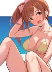  1girl arm_behind_head bikini blush breasts brown_hair cleavage collarbone feet_out_of_frame head_tilt idolmaster idolmaster_cinderella_girls igarashi_kyoko knees_up large_breasts letterboxed looking_at_viewer side_ponytail sitting smile solo string_bikini sweat swimsuit tagme tomajiyama yellow_bikini 