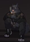 4_fingers alon_e_wolf_(shelter) annoyed anthro arm_on_leg black_body black_bottomwear black_clothing black_fur black_pants black_pawpads black_shirt black_topwear black_vest blade boots bottomwear brown_belt buckle canid canine canis cel_shading cigarette cigarette_in_mouth clothed clothing dasoowolf dim_lighting eye_patch eyewear fingers fluffy fluffy_tail footwear front_view fur hi_res knee_up knife looking_at_viewer male mammal monotone_body monotone_fur neck_tuft object_in_mouth pants pawpads pink_nose raised_arm red_eyes shaded shelter_vn shirt simple_background sitting smoke smoking solo stairs tail topwear tuft unzipped_jacket vest wolf