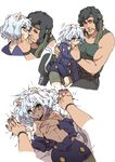  1girl age_difference animal_ears bandana bed black_hair breasts cat_ears hetero hunter_x_hunter john_rambo kiss medium_breasts muscle neferpitou nipples petite rambo sweat tail yanagida_fumita 