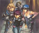  2boys black_hair blonde_hair blue_eyes expressionless full_metal_panic! gloves helmet kurz_weber melissa_mao multiple_boys one_eye_closed purple_hair sagara_sousuke scar shikidouji smile 