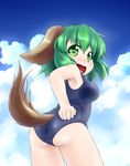  animal_ears ass breasts from_behind green_eyes green_hair highres kasodani_kyouko kusaba_(kusabashiki) looking_back medium_breasts no_panties one-piece_swimsuit open_mouth school_swimsuit short_hair skindentation solo swimsuit tail touhou 