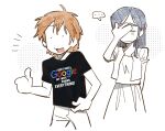  ... 2girls brown_hair couple english_text facepalm futari_wa_precure gil_falasson google highres long_hair misumi_nagisa multiple_girls precure shirt short_hair speech_bubble t-shirt thumbs_up yukishiro_honoka yuri 