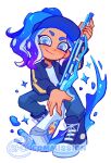  1girl blue_eyes blue_hair cardigan classic_squiffer_(splatoon) commentary commission commission_watermark gradient_hair gun holding holding_gun holding_weapon medium_hair multicolored_hair octoling octoling_girl open_cardigan open_clothes paint purple_hair shirt simple_background smile solo splatoon_(series) splatoon_3 squatting tentacle_hair tokkibada two-tone_hair visor_cap weapon white_background white_shirt 