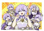  1girl :d arms_up bare_shoulders breasts circlet dress fire_emblem fire_emblem:_genealogy_of_the_holy_war hands_up jewelry julia_(fire_emblem) long_hair open_mouth pointing purple_eyes purple_hair sash simple_background smile solo wide_sleeves yukia_(firstaid0) 