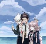  1girl 2boys ahoge animal_bag backpack bag black_shirt breasts brown_hair brown_skirt cat_bag collarbone collared_shirt danganronpa_(series) danganronpa_2:_goodbye_despair dress_shirt flipped_hair galaga green_jacket grey_hair hair_between_eyes hair_ornament highres hinata_hajime hood hooded_jacket jacket komaeda_nagito large_breasts light_brown_hair long_sleeves looking_at_viewer medium_hair messy_hair multiple_boys nanami_chiaki neck_ribbon necktie open_clothes open_mouth pants pink_bag pink_eyes pink_ribbon pleated_skirt ribbon shirt shirt_tucked_in short_hair skirt smile uranagi_(uranaginasi) v white_shirt 