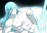  1boy ainchase_ishmael blue_eyes blue_hair completely_nude elsword highres long_hair looking_at_viewer male_focus muscular muscular_male nude pinkmarine richter_(elsword) smile solo sword weapon 