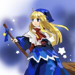  1girl ahoge ascot blonde_hair blue_eyes blue_headwear blue_skirt blunt_bangs broom capelet character_request closed_mouth commentary_request copyright_request flat_chest highres holding holding_broom kaigen_1025 long_hair long_sleeves red_ascot shirt sketch skirt smile solo star_(symbol) straight_hair white_capelet white_shirt wide_sleeves 