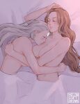  2girls artist_name blush breasts brown_hair closed_eyes closed_mouth commentary english_commentary from_above grey_hair highres hug large_breasts long_hair lying melonsoftdrink multiple_girls nude on_bed on_side original sleeping under_covers yuri 