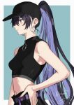  1girl aqua_background baseball_cap belt black_headwear character_request copyright_request crop_top earrings hair_between_eyes hand_on_own_hip hat highres isshiki_(ffmania7) jewelry long_hair looking_to_the_side multicolored_hair ponytail purple_belt purple_eyes purple_hair simple_background sleeveless two-tone_hair 