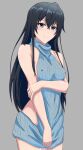  1girl absurdres ahoge arm_under_breasts bare_arms bare_shoulders black_hair blue_eyes breasts closed_mouth covered_nipples cowboy_shot dress grey_background highres long_hair meme_attire raised_eyebrows revealing_clothes ribbed_sweater shinonome_(pixiv_id_57460864) simple_background sleeveless sleeveless_turtleneck small_breasts smile solo sweater sweater_dress turtleneck turtleneck_sweater very_long_hair virgin_killer_sweater yahari_ore_no_seishun_lovecome_wa_machigatteiru. yukinoshita_yukino 
