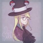  1boy artist_name ascot avery_(pokemon) black_ascot black_headwear blonde_hair blue_eyes border closed_mouth collared_shirt commentary_request glasses grey-framed_eyewear grey_border half-closed_eyes hat long_hair looking_afar looking_down male_focus outside_border pixiv_id poke_ball poke_ball_(basic) pokemon pokemon_swsh purple_background purple_shirt round_eyewear shirt sidelocks signature simple_background solo standing top_hat upper_body yoshikura 