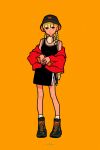  1girl absurdres black_dress black_footwear black_headwear blonde_hair braid bright_pupils bucket_hat dress full_body hat headphones headphones_around_neck highres jacket long_hair looking_at_viewer miyoshi_yoshimi off_shoulder orange_background orange_eyes original red_jacket shoes simple_background socks solo standing twin_braids white_nails white_pupils white_socks yellow_bag 