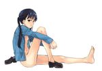  bad_id bad_pixiv_id barefoot black_eyes black_hair blazer bottomless breasts chiba_saori feet from_side frown hourou_musuko jacket kno1 long_hair nipples no_socks open_clothes open_shirt shirt shoes single_shoe sitting small_breasts twintails 