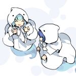  blue_hair character_request cloak closed_mouth commentary_request copyright_request gender_request ghost_tail hands_up highres hood hood_up hooded_cloak kaigen_1025 light_blue_hair long_sleeves neck_ribbon open_mouth ribbon short_hair smile white_cloak white_ribbon 