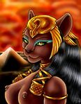  aladdin armlet beautiful black_hair breasts brown brown_nipples cat disney ear_piercing egyptian facial_piercing feline female green_sclera hair long_black_hair long_hair looking_at_viewer mirage nipples piercing pyramid slit_pupils solo tagme unknown_artist yellow_eyes 