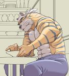  anthro bandanna beastmen_forest biceps big_muscles claws clothing feline fur kemono male mammal muscles neyukidou pants pecs pottery solo teddy_bear tiger topless whiskers 