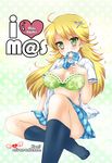  black_legwear blonde_hair blush bra breasts dress green_eyes heart hoshii_miki idolmaster idolmaster_(classic) kneehighs koari large_breasts lingerie long_hair mouth_hold necktie smile solo underwear 