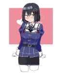  1girl black_hair black_skirt blush breasts brown_eyes cropped_legs flying_sweatdrops gloves haguro_(kancolle) haguro_kai_ni_(kancolle) hair_ornament heart highres kantai_collection long_sleeves looking_at_viewer mido006 military_uniform pencil_skirt short_hair simple_background skirt solo sweat tears two-tone_background uniform white_gloves 