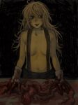  1girl blonde_hair blood blood_on_clothes choujin_x elichooon gloves highres intestines naked_suspenders navel shishinegura_palma smile solo suspenders teeth upper_teeth_only 